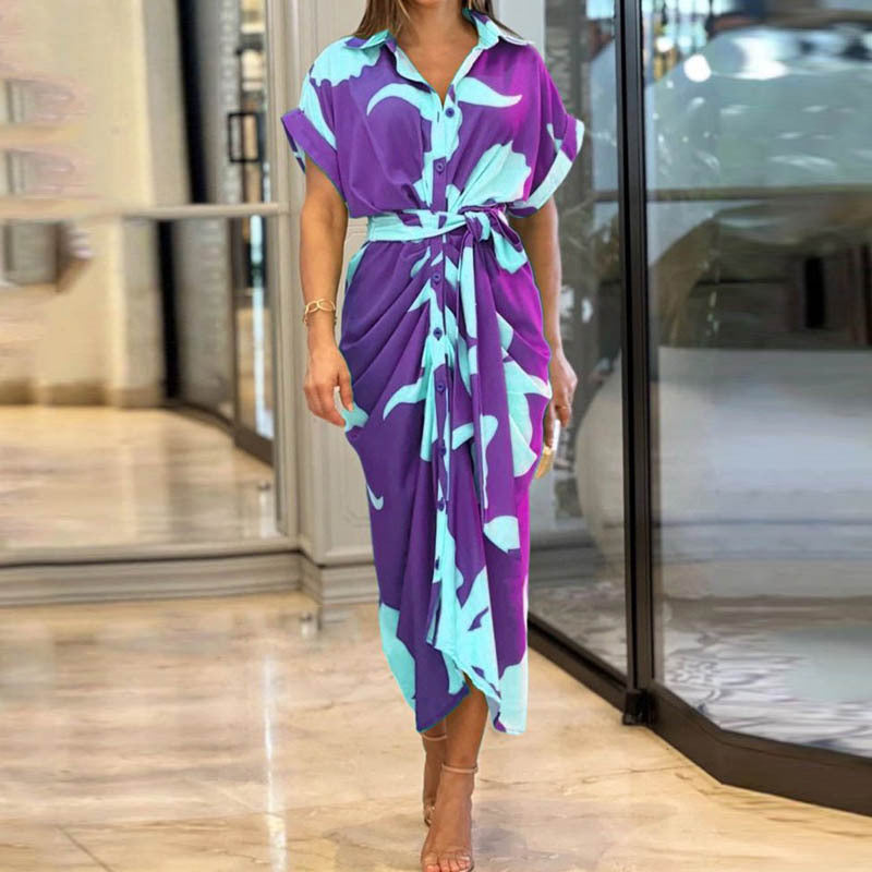 Women's Temperament Printed Lapel Short Sleeve High-waist Blouse Dress