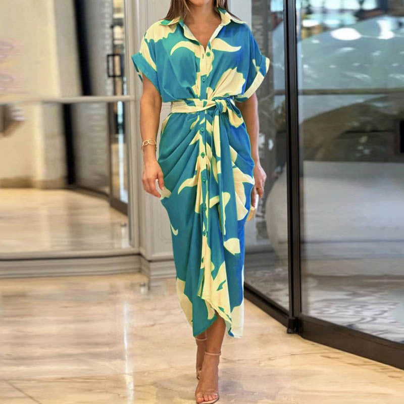 Women's Temperament Printed Lapel Short Sleeve High-waist Blouse Dress