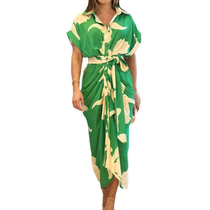 Women's Temperament Printed Lapel Short Sleeve High-waist Blouse Dress