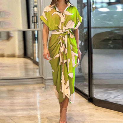 Women's Temperament Printed Lapel Short Sleeve High-waist Blouse Dress